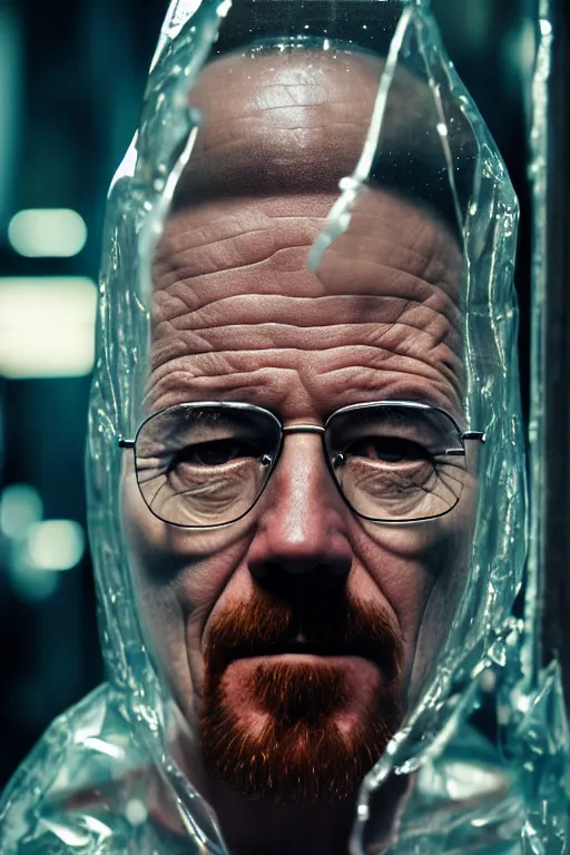 Prompt: Kodak Portra 400, 8K, highly detailed, walter white breaking bad style 3/4 extreme closeup portrait, clear eyes, focus on clear transparent raincoat model, tilt shift h.r giger style background: famous blade runner remake, tokyo izakaya scene