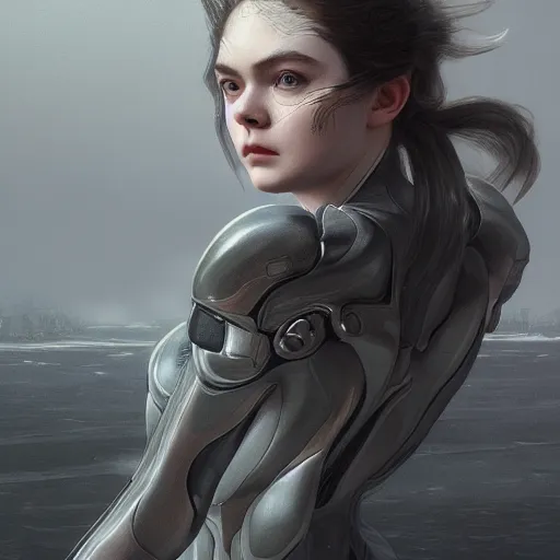 Image similar to head and shoulders portrait of modern darna, elle fanning in metal gear solid and death stranding, intricate, elegant, dark vibes, highly detailed, digital painting, artstation, glamor pose, concept art, smooth, sharp focus, illustration, art by wlop, mars ravelo and greg rutkowski