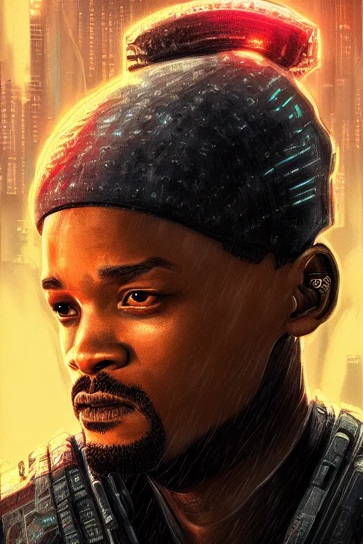 Image similar to portrait of cyberpunk will smith, grim - lighting, high - contrast, intricate, elegant, highly detailed, digital painting, artstation, concept art, smooth, sharp focus, illustration