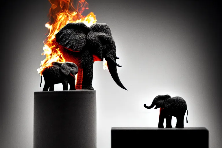 Prompt: republican elephant,pile of papers on fire,Judge's Bench burning, Judge's Gavel,Smoke,Fog Mads Berg, Karolis Strautniekas,stippled light, dramatic lighting,fine texutre, editorial illustration,matte print, film noir,dynamic composition,moody