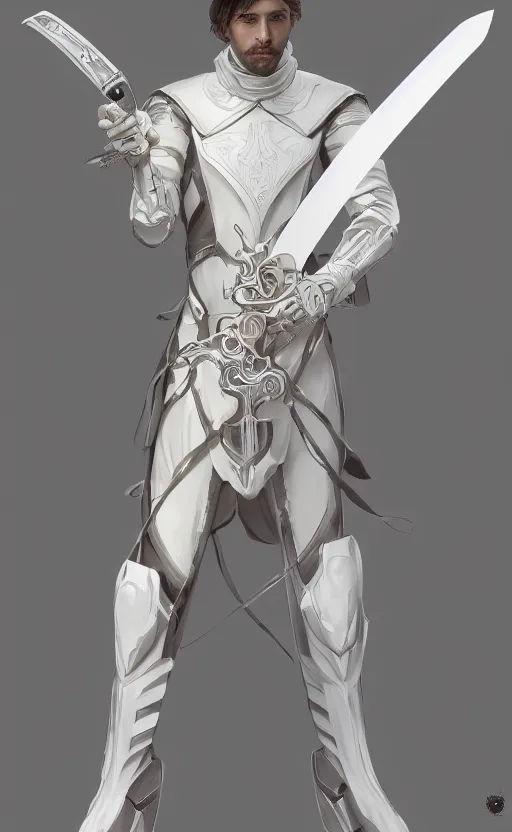 Image similar to a top view shot of a man in white futuristic armor, holding a white katana , alphonse mucha , greg rutowski, illustration, science fiction, concept art, digital painting, Trending on artstation