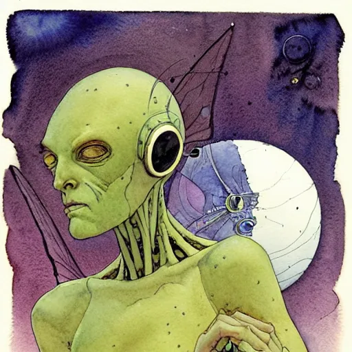 Image similar to a simple and atmospheric watercolour portrait of a pulp sci - fi alien mother bug, very muted colors, by rebecca guay, michael kaluta, charles vess and jean moebius giraud