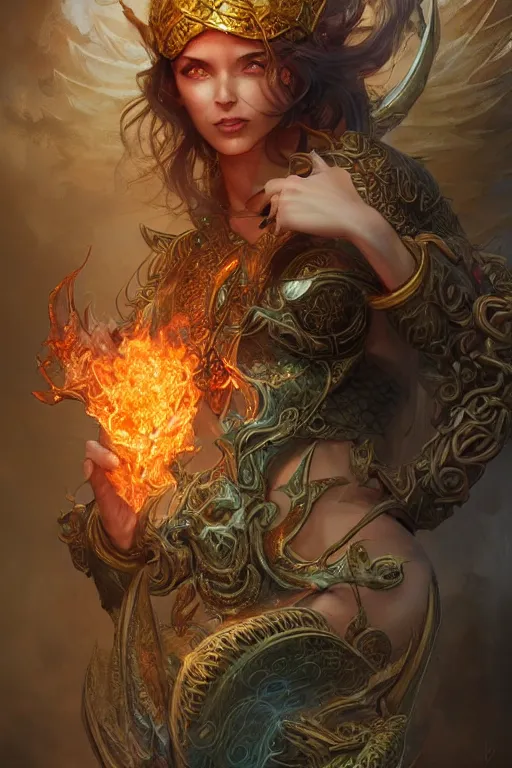 Prompt: beautiful girl sorcerer covered with fire and golden dragon skin, celtic rune tattoos, casting magic spell, angel, fantasy, magic the gathering, hyper detailed, 3 d render, hyper realistic detailed portrait, peter mohrbacher, wlop, ruan jia, luis royo