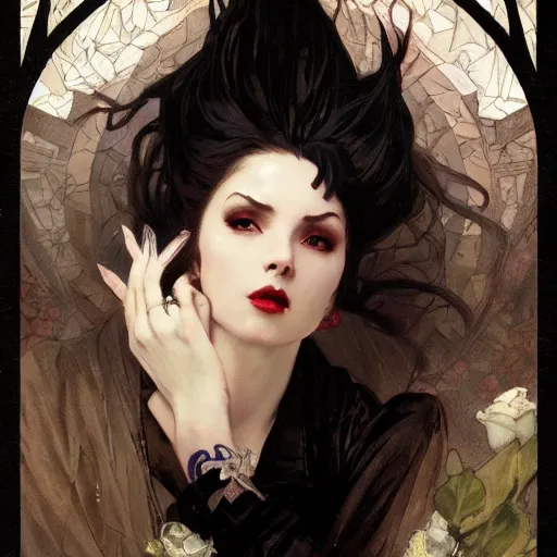 Image similar to portrait of a menacing beautiful vampire, top half of body, by Stanley Artgerm Lau , greg rutkowski, thomas kindkade, alphonse mucha, loish, norman rockwell, J. C. Leyendecker. bright white hair, pale skin, angry complexion, beautiful detailed eyes, black rose frame. D&D, fantasy. Trending on artstation rule of thirds extremely detailed old illustration hd 4k