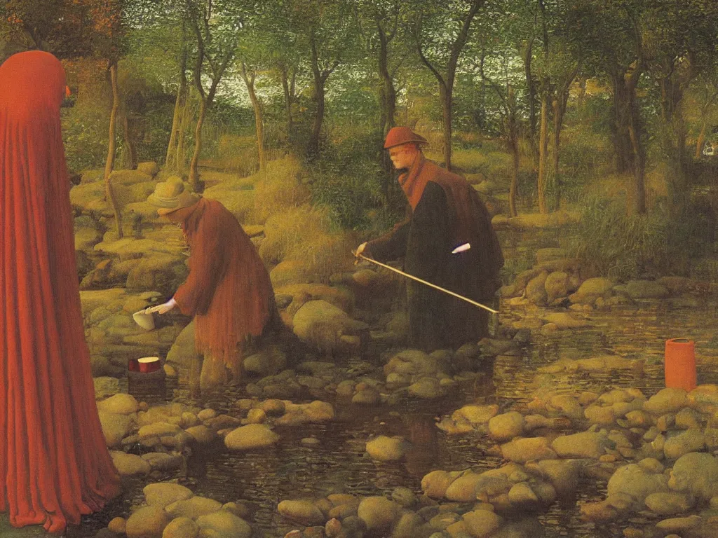 Image similar to Portrait of a painter washing his brush in a river. Humanoid rocks, coral-like pebbles, autumn light. Painting by Jan van Eyck, Rene Magritte, Jean Delville, Max Ernst