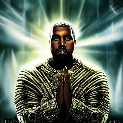 Image similar to Portrait of Kanye West as the god-emperor of mankind, amazing splashscreen artwork, splash art, natural light, elegant, intricate, fantasy, atmospheric lighting, cinematic, matte painting