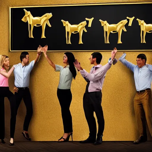 Prompt: photo of business people worshipping a golden calf