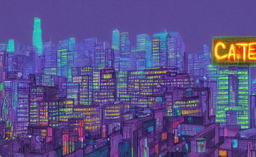 Prompt: a cat observing a neon city from the roof of a building at night, digital art, digital painting