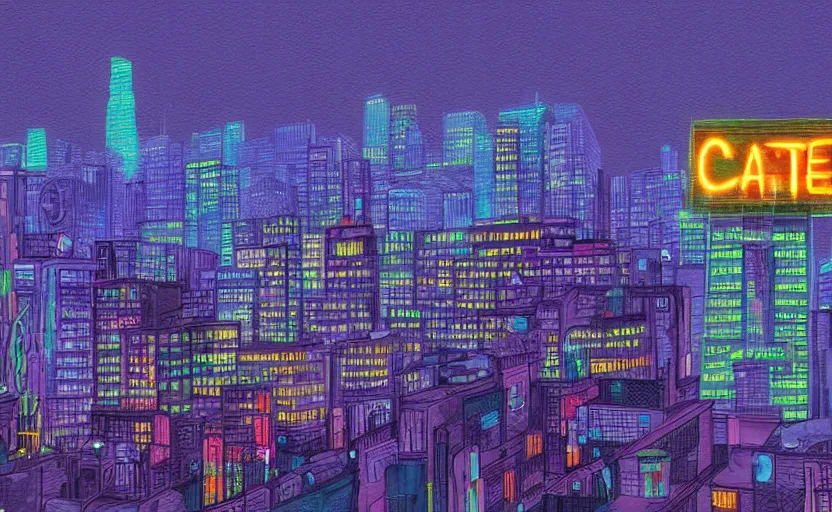 Image similar to a cat observing a neon city from the roof of a building at night, digital art, digital painting