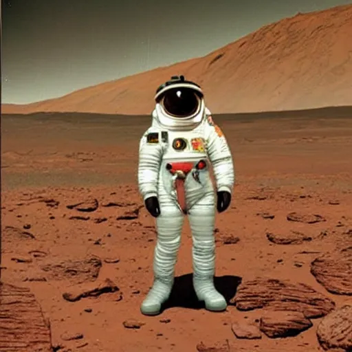 Image similar to polaroid carl sagan in a spacesuit on mars, with rover, detailed face