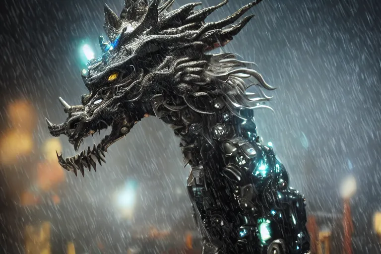 Prompt: cinematic telephoto shot of a silver cybernectic chinese dragon in the rain, midnight city lights, strong bokeh, dramatic lighting, unreal engine, cgsociety, artstation, 4k