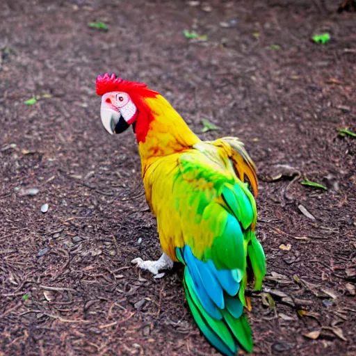 Prompt: parrot chicken sitting on the ground crying