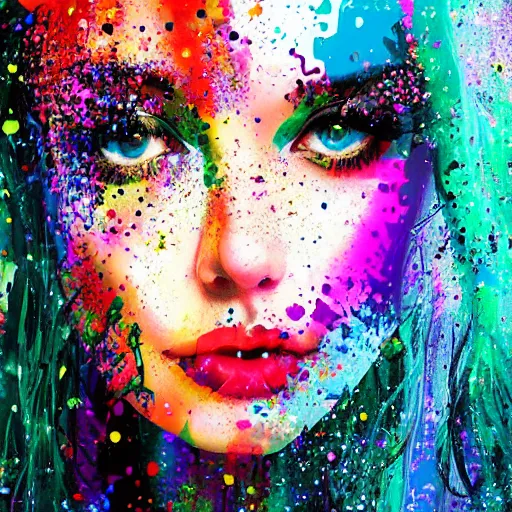 Image similar to references for beautiful woman digital art splattered by coloured paint