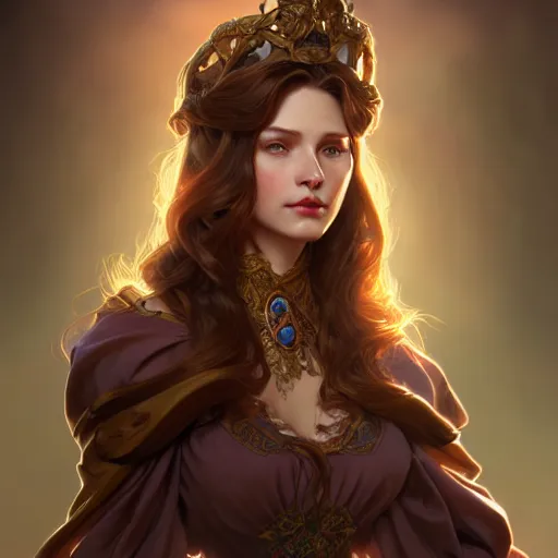 Image similar to aristocrat, female, d & d, fantasy, intricate, elegant, highly detailed, brown hair, digital painting, artstation, octane render, concept art, matte, sharp focus, illustration, hearthstone, art by artgerm, alphonse mucha johannes voss