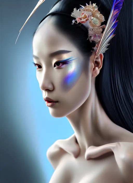 Image similar to organic seductive Geisha cyborg, pearlescent skin, diffuse lighting, fantasy, intricate, elegant, highly detailed, lifelike, photorealistic, digital painting, artstation, illustration, concept art, different full body view, smooth, sharp focus, art by John Collier and Albert Aublet and Leonardo da vinci and Krenz Cushart and Artem Demura and Alphonse Mucha