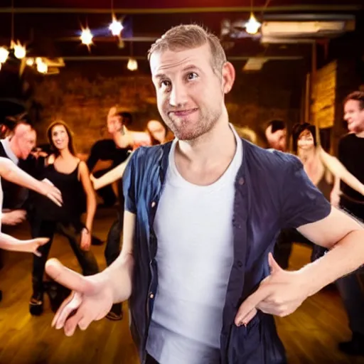 Image similar to photo of a 3 2 year old white man living thinking he's living the best life possible. he looks young for his age. he is at a dance club, it's as if he were in a music video. young woman are flocking to him and can be seen dancing around him in a seductive manner.