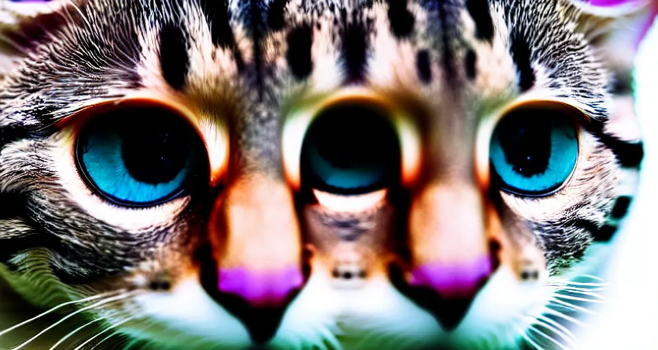 Prompt: up close fisheye lens photo of a cats face, macro photography, complementing colors, film