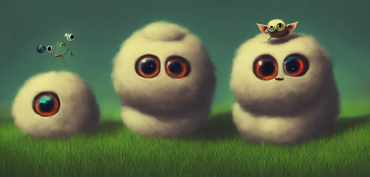 Prompt: funny fluffy symmetric ball big eyes sitting in grass, in the style of craola, shallow depth of field, highly detailed, digital painting, trending artstation, concept art, illustration, cinematic lighting, vibrant colors, photorealism, epic, octane render