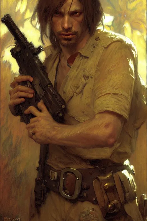 Prompt: leon scott kennedy, painting by gaston bussiere, craig mullins, greg rutkowski, alphonse mucha