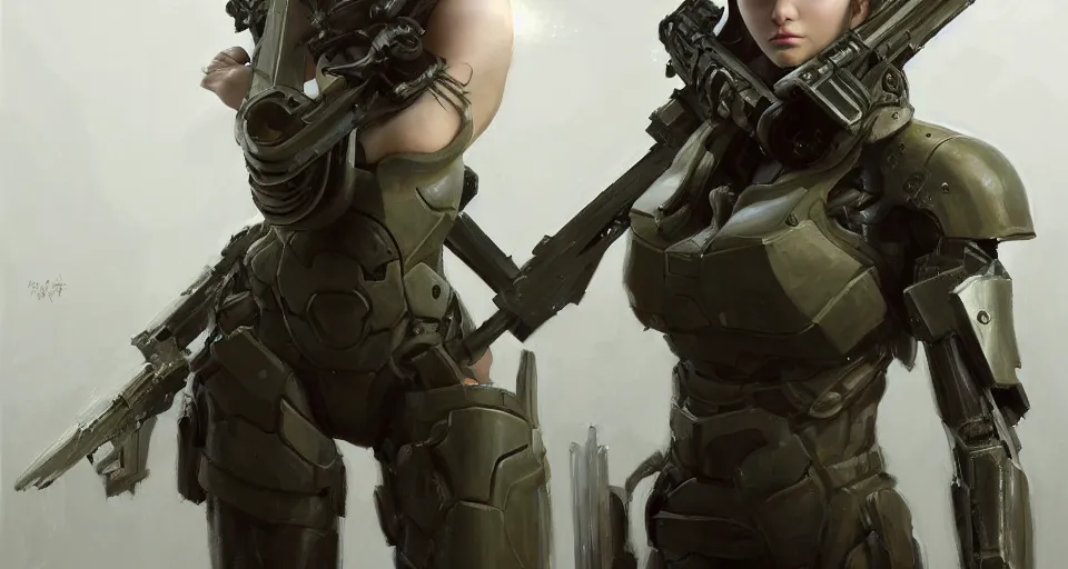 Image similar to a photorealistic painting of an attractive young girl, clothed in stealth-like battle armor, a giant sci-fi sniper rifle, olive skin, long dark hair, beautiful bone structure, symmetrical face, perfect eyes, intricate details, elegant, digital painting, illustration, sharp focus, minimal artifacts, from Metal Gear, in the style of Ruan Jia and Mandy Jurgens and Greg Rutkowski, trending on Artstation, award winning, unreal engine, octane render