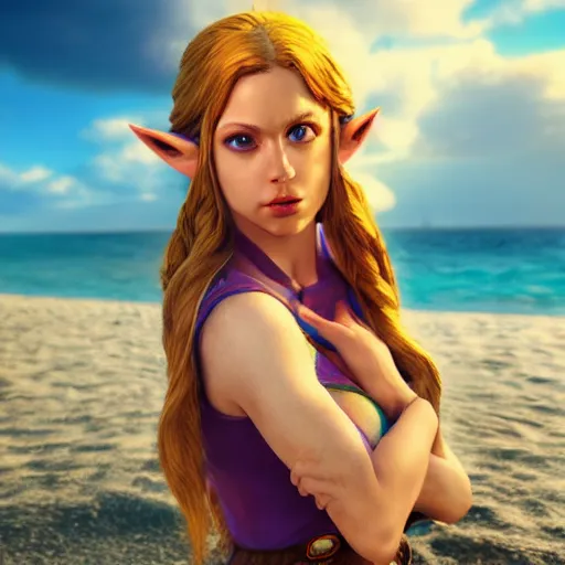 Image similar to a hyper real comic book style portait painting of beautiful zelda on the beach, unreal 5, hyperrealistic, octane render, cosplay, rpg portrait, dynamic lighting