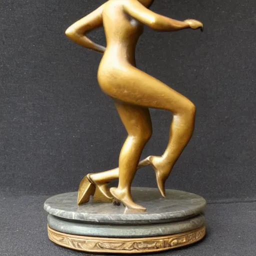 Image similar to antique 1930s France art deco. bronze figurine of a woman dancing. on marble base. by Briand Marcel Bouraine. 30cm. high detail photograph. studio