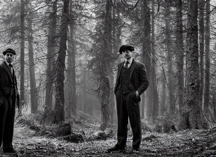 Prompt: a scene from peaky blinders, medium long shot, cillian murphy and tom hardy in a dramatic scene in the woods, sharp eyes, serious expressions, detailed and symmetric faces, black and white, epic photo by talented photographer ansel adams,
