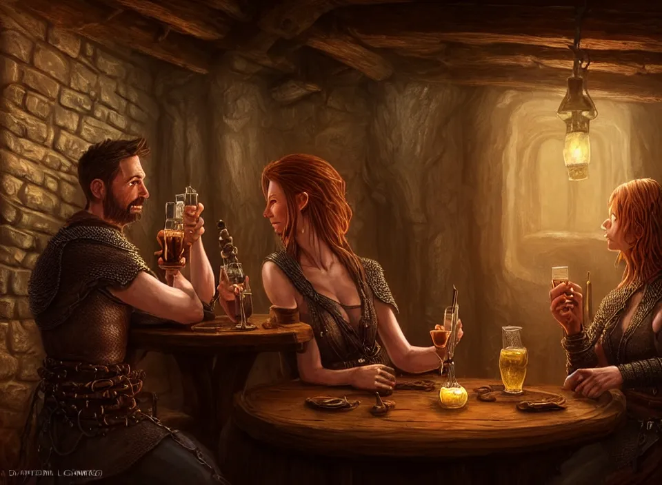 Prompt: a beautiful adventuring couple drinking, dimly lit cozy tavern, relaxed poses, fantasy art, detailed painterly digital art style by Chip Zdarsky, d&d vibe, leather tunic, chainmail, robes, 🍸, 8k octane beautifully detailed render, post-processing, extremely hyperdetailed, intricate, epic composition, grim yet sparkling atmosphere, cinematic lighting + masterpiece, trending on artstation, very detailed, vibrant colors, Art Nouveau, masterpiece