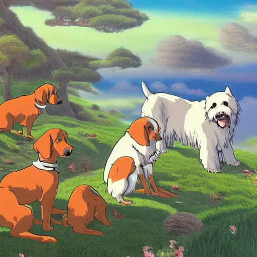 Image similar to dogs in landscape, art style hayao miyazaki, very high detail, 4 k