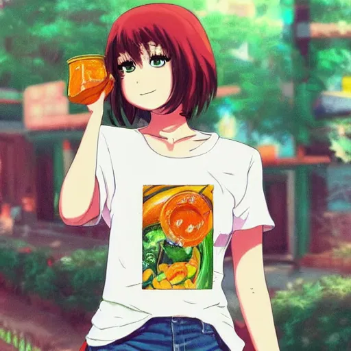 Prompt: a girl wearing a hot sauce shirt, anime art illustrated by Makoto Shinkai