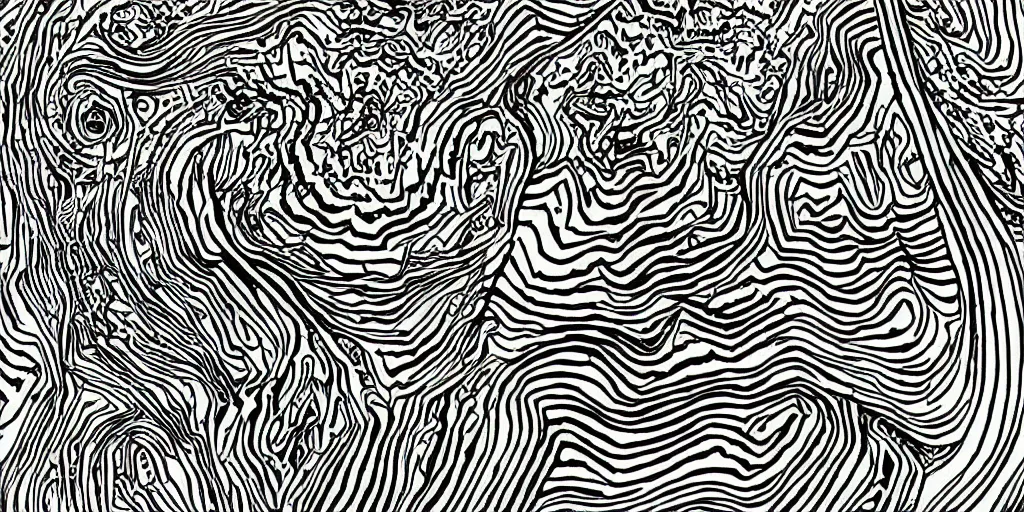 Image similar to bold black and white illustrated artwork thick lines psychedelic shaman