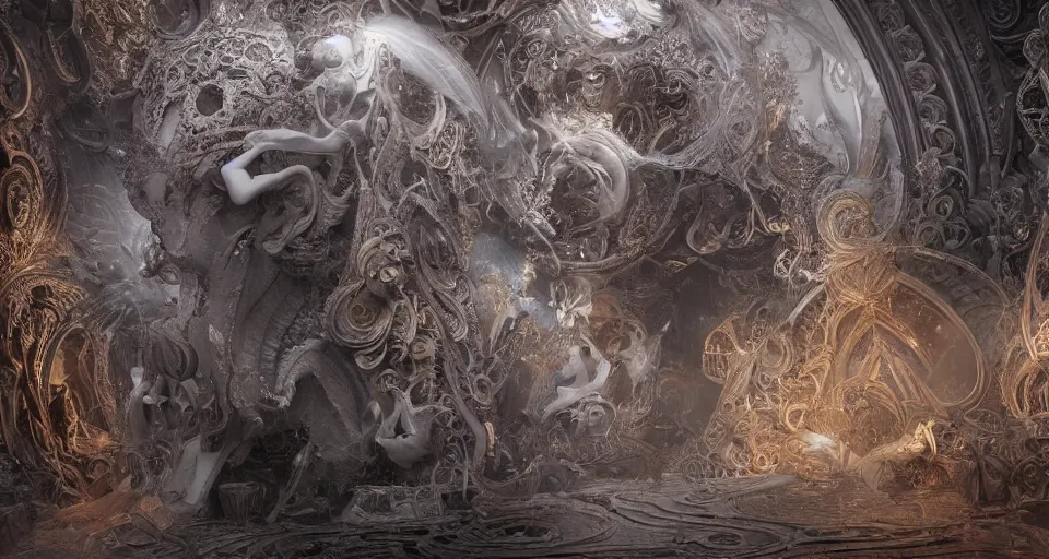 Image similar to vanishment of the gods, cinematic, end of an era, chaos, digital art. ornate, intericate, fractal patterns, ethereal, cinematic, artstation, hyper detailed, weta digital, ray trace, 3 d sculpture, beautifully lit, glow, soft light, photorealistic, ghost, symmetric, masterpiece, realistic, highly detailed