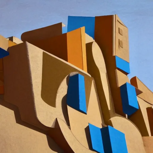 Prompt: big scale baby toy hotel in the dessert, cubism