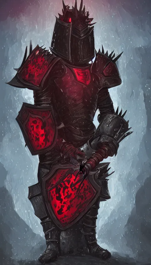 Prompt: digital art of strong knight wearing plate armor, holding weapon and shield, standing upright, full body. evil, dark lord, spikes, red details, glowing eyes