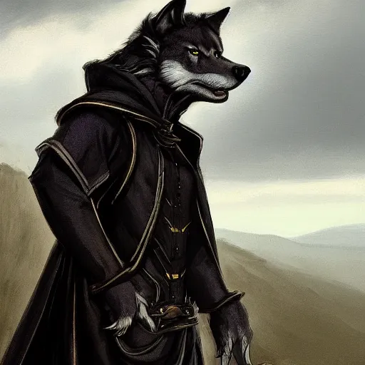 Prompt: an anthropomorphic wolf in a black doublet looking out over the hills, artstation hq, stylized, sharp focus, concept art, furaffinity fursona, furry, anthropomorphic, by ayami kojima, gregory manchess, greg rutkowski, greg hildebrandt, stylized anthropomorphic wolf in cape and robe, dramatic, backlit
