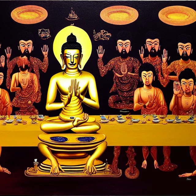 Image similar to a beautiful painting cyberpunk gold buddha the last supper, by salvador dali realistic oil painting