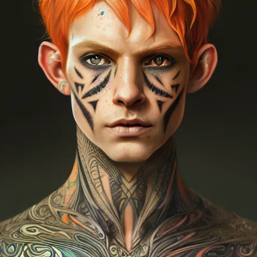 Image similar to portrait painting of an elven eladrin young man with short light orange hair and freckles and tribal tattoos on his cheekbones, ultra realistic, concept art, intricate details, eerie, highly detailed, photorealistic, octane render, 8 k, unreal engine. art by artgerm and greg rutkowski and charlie bowater and magali villeneuve and alphonse mucha