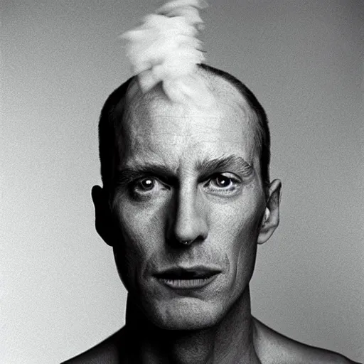 Prompt: annie liebovitz photo of a man, his head turning into a puff of smoke