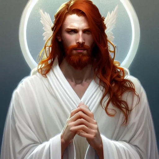 Prompt: beautiful natural male ginger angel wearing white robes, intricate, elegant, highly detailed, digital painting, artstation, concept art, smooth, sharp focus, illustration, art by artgerm and greg rutkowski and alphonse mucha and loish and WLOP