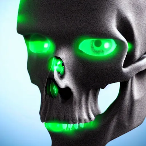 Image similar to ultra realistic Skull with Cyborg Implants and Green eyes scanning space for Sentient life