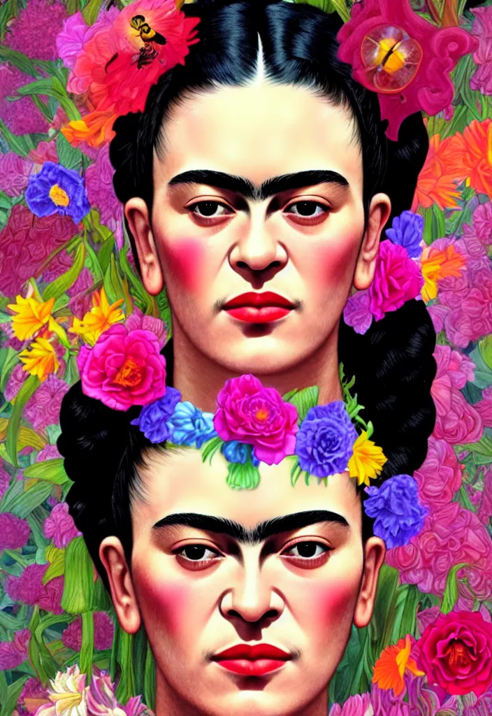 Image similar to young beautiful frida kahlo, gorgeous face, vaporwave aesthetic, synthwave, colorful, psychedelic, artstation, flowers, bees, ribbons, concept art, smooth, extremely sharp detail, finely tuned detail, 8 k, unreal engine 5, ultra sharp focus, illustration, art by artgerm and greg rutkowski and alphonse mucha