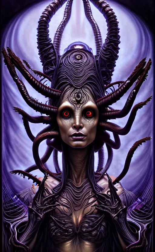 Image similar to A beautiful detailed alien goddess woman with 6 arms super dark tarot card, gorgeous model face by Stanley Artgerm, by tomasz alen kopera and Justin Gerard, 4 eyes, beautiful symmetrical features, ominous, magical realism, melting, texture, intricate, ornate, royally decorated, melting, whirling smoke, embers, purple adornments, blue torn fabric, radiant colors, fantasy, trending on artstation, volumetric lighting, micro details, 3d sculpture, ray tracing, 8k, anaglyph effect