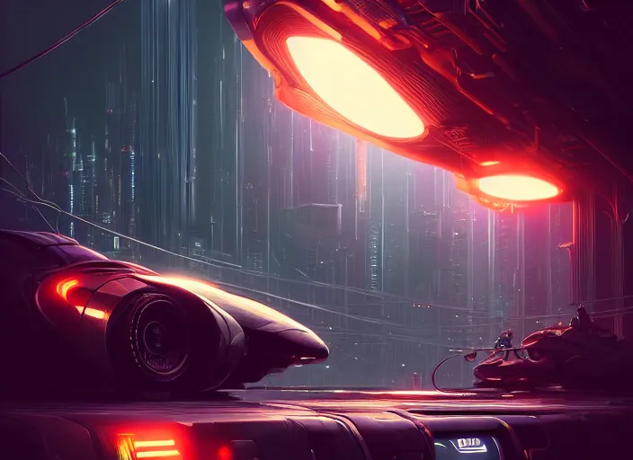 Prompt: detailed intricate digital illustration by greg rutkowski and artgerm and wlop and sanford robinson gifford ; cyberpunk futuristic vehicle, glowing headlights ; 1 3 mm film, wide angle arri alfa anamorphic lens ; sharp focus, soft evening lighting, trending on artstation 4 k