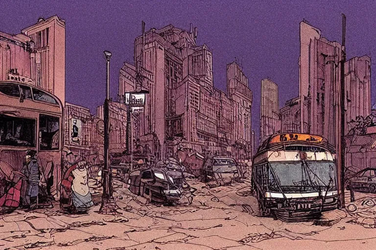 Image similar to bus stop at silent dark city, post apocalyptic city street by Moebius