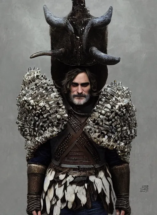 Image similar to joaquin phoenix with a armor made of animals, cow horns, pig nose, sheep wool, chicken feather armor, majestic, fierce, by anna podedworna, by miklos ligeti, by diego maricato, by taran fiddler, by antonino truisi, by chris reddie, by jinsung lim, trending on artstation