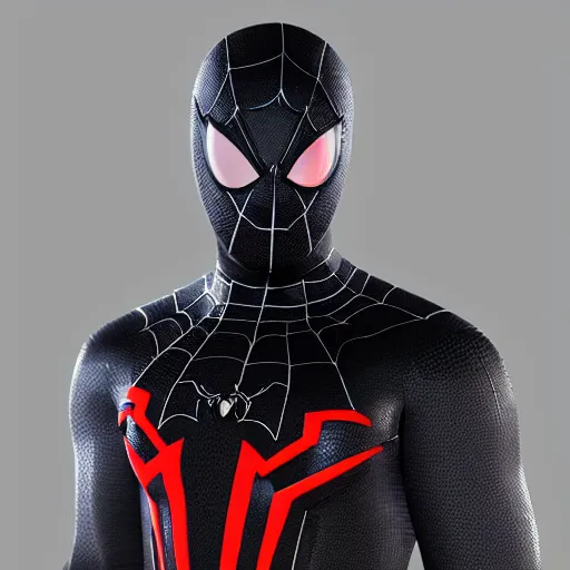 Image similar to black spider - man suit with white web lining, cinematic, volumetric lighting, realistic, hyperdetailed, photorealistic, photograph