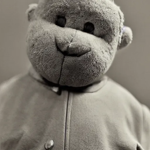 Prompt: Portrait studio photograph of Kanye West with a anthropomorphic teddy bear, close up, shallow depth of field, in the style of Felice Beato, Noir film still, 40mm