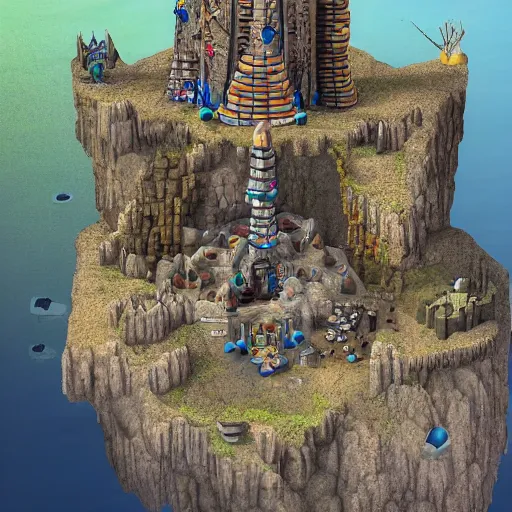 Prompt: Aerial view of a wizard's tower, surrounded by mines and caves