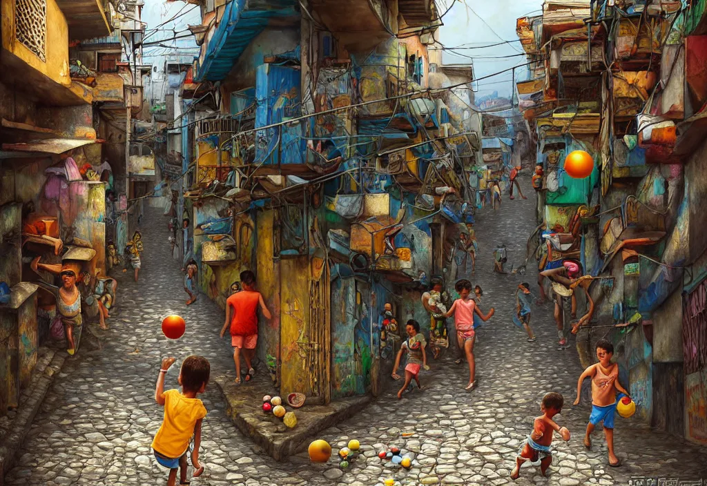 Image similar to photorealistic favela rocinha rio de janeiro with precise rendered alleys with intricate details of gun happy people in alley close view of kid playing with colorful ball and flying kit by Justin Gerard