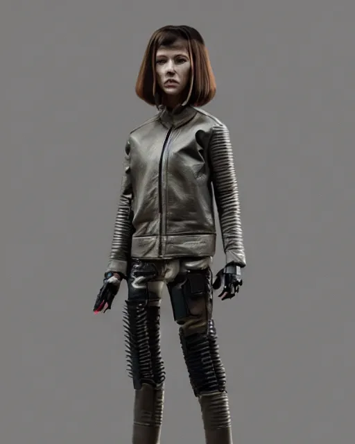 Prompt: highly detailed full body shot of androgynous girl wearing cyborg bakelite grey leather radio jacket, by hsiao - ron cheng and artgerm, blade runner 2 0 4 9, scorched earth, cassette futurism, modular synthesizer helmet, the grand budapest hotel, glow, no crop, digital art, artstation, pop art